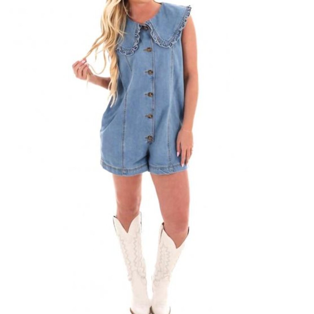 MABLE Wendy Ruffle Collar Sleeveless Light Wash Denim Romper